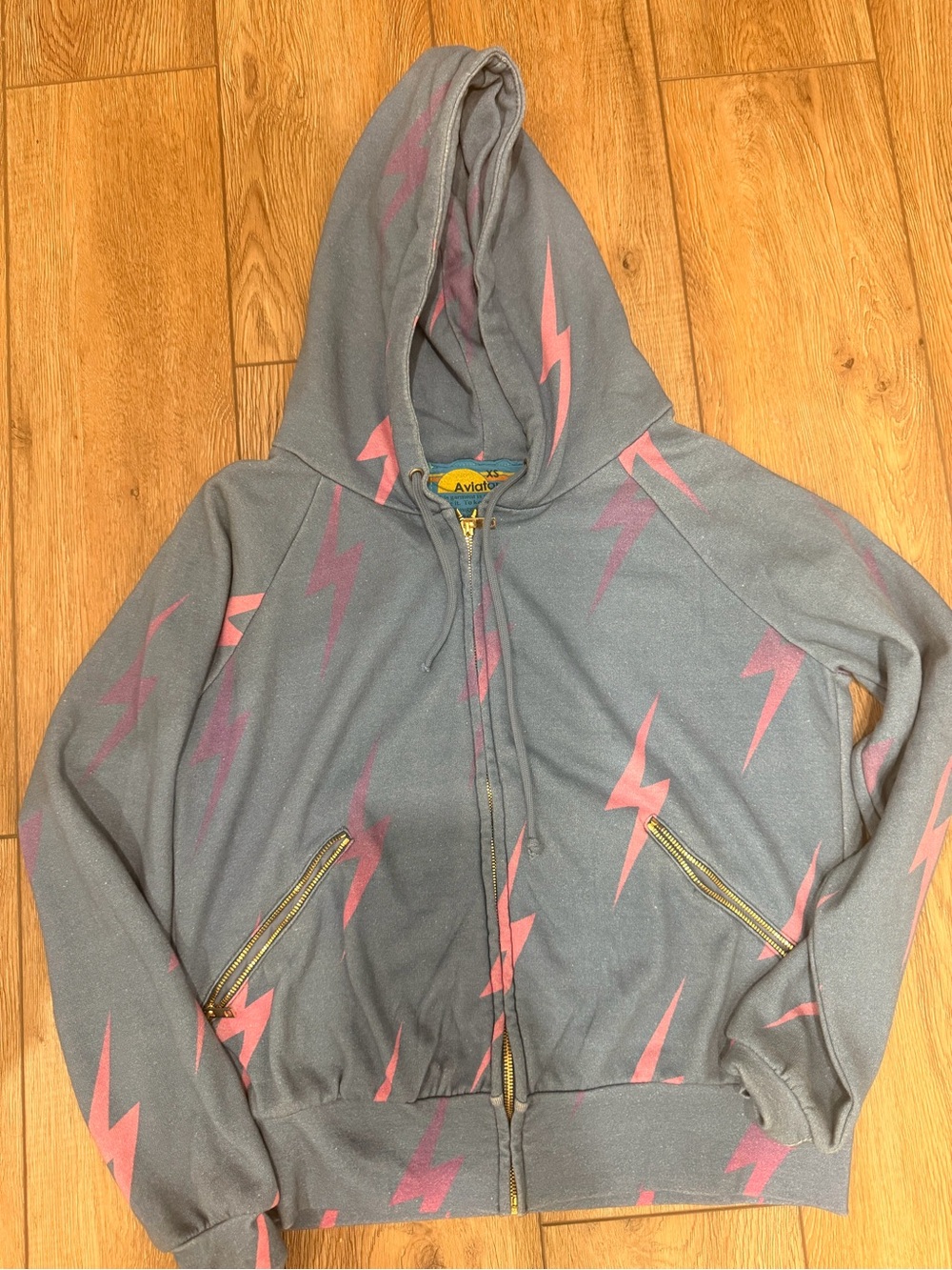 Aviator Nation bolt repeat Blue Hoodie with Pink Lightning Print - Picture 3 of 5